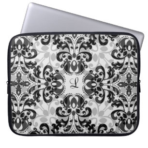 Black and grey victorian damask decor 15 inch laptop sleeve