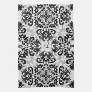 Black and grey victorian damask decor tea towel