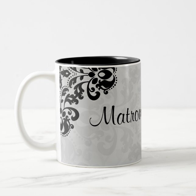 Black and grey victorian damask matron of honour Two-Tone coffee mug (Left)