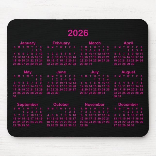 Black and Hot Pink 2026 Calendar Mouse Mat (Front)