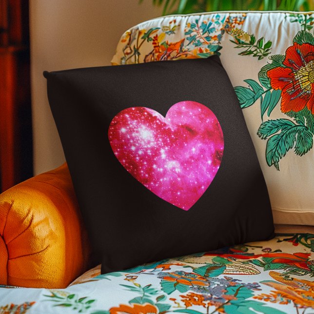 Black and Hot Pink Celestial Heart Cushion (Black and Hot Pink Celestial Heart Throw Pillow)