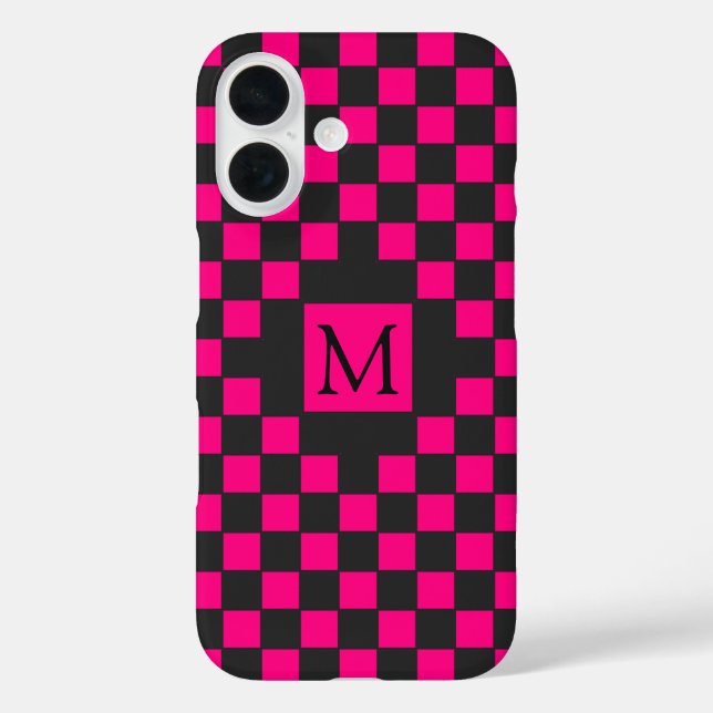 Black and Hot Pink Chequerboard Pattern Monogram Case-Mate iPhone Case (Back)