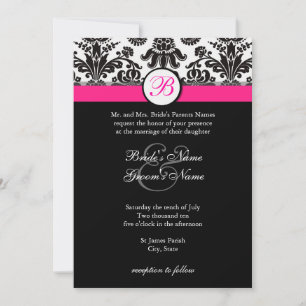 Black and Hot Pink Damask Wedding Invitation