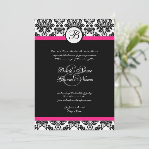 Black and Hot Pink Damask Wedding Invitation | Zazzle