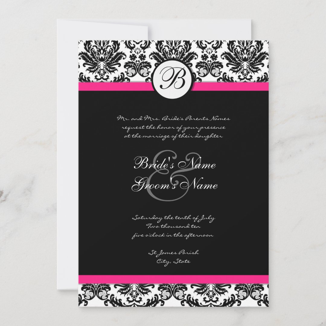 Black and Hot Pink Damask Wedding Invitation | Zazzle