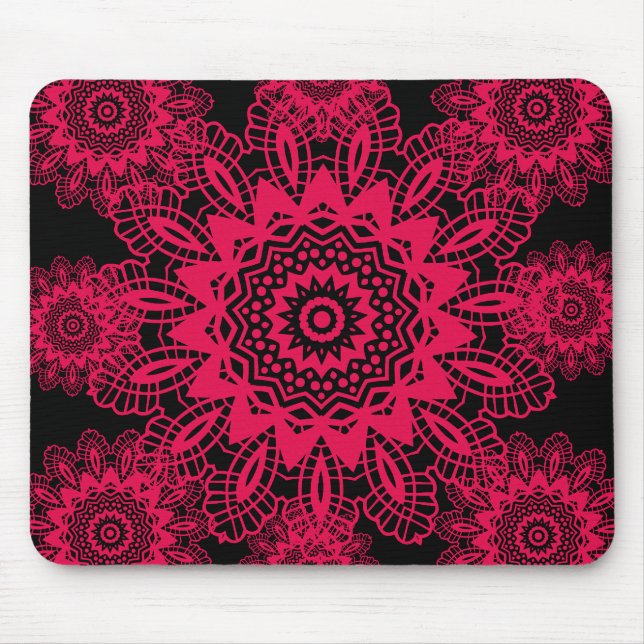 Black and Hot Pink Fuchsia Lace Snowflake Design Mouse Mat (Front)