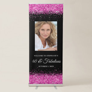 Black and Hot Pink Glitter 40 & Fabulous Welcome Retractable Banner