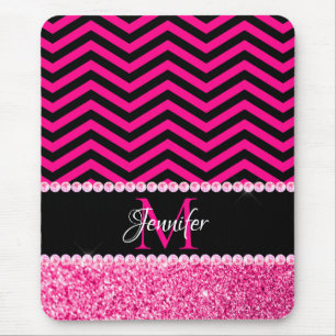 Black and Hot Pink Glitter Chevron Monogram Mouse Mat