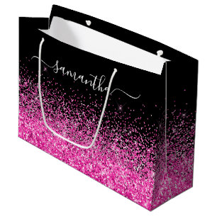 Black and Hot Pink Glitter Elegant Name Large Gift Bag