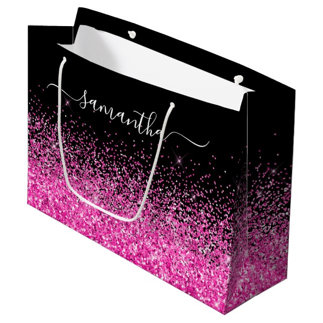 Black and Hot Pink Glitter Elegant Name Large Gift Bag (Front Angled)