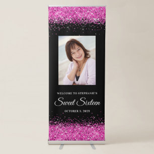 Black and Hot Pink Glitter Sweet Sixteen Welcome Retractable Banner
