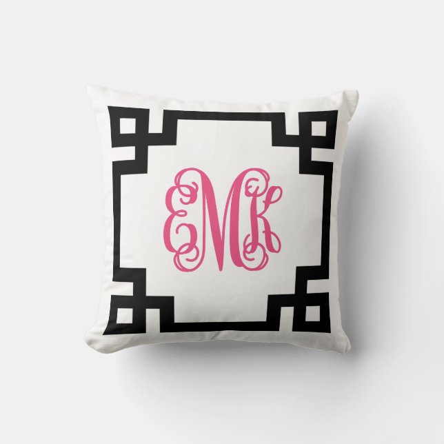 Black and Hot Pink Greek Key Script Monogram Cushion (Front)
