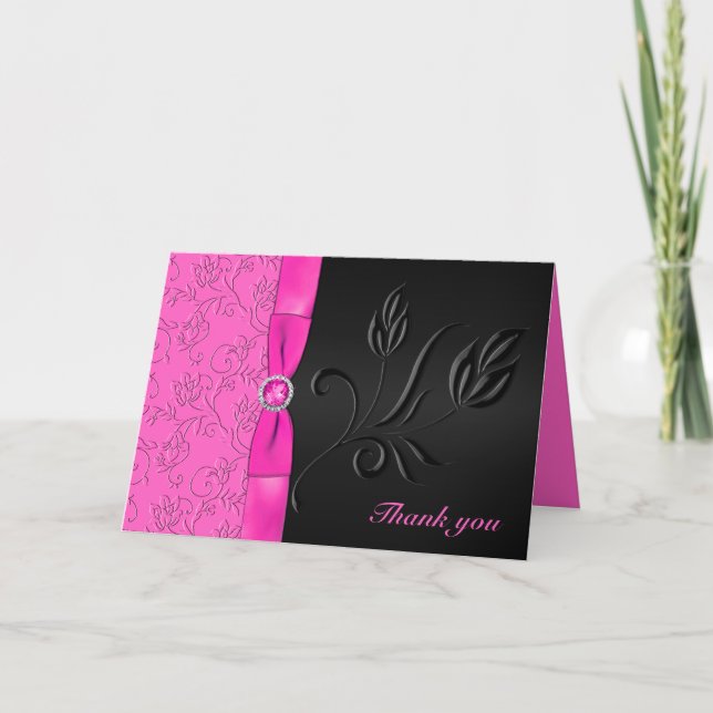 Black and Hot Pink Jeweled Thank You Card (Front)