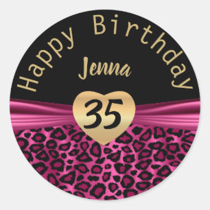 Black and Hot Pink Leopard Birthday Classic Round Sticker