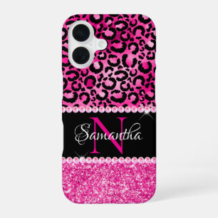 Black and Hot Pink Leopard Spot Glam Monogram iPhone 16 Case