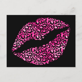 Black and Hot Pink Leopard Spot Lipstick Kiss Postcard
