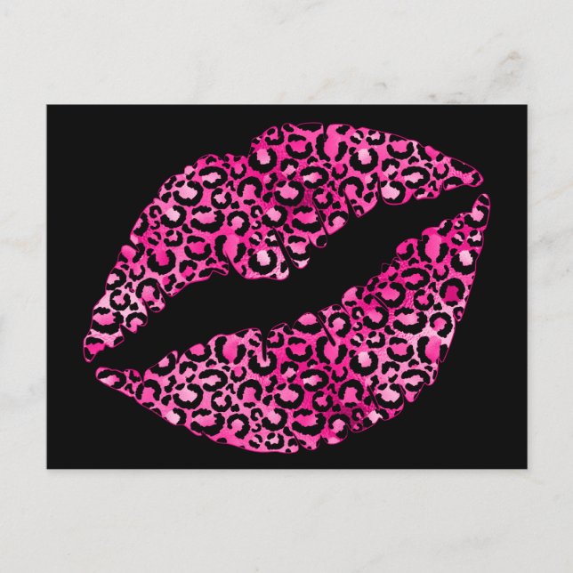 Black and Hot Pink Leopard Spot Lipstick Kiss Postcard (Front)