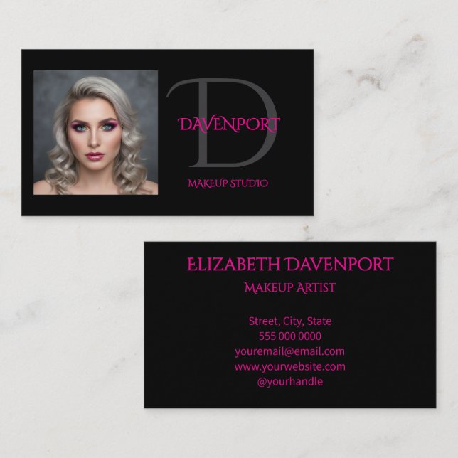 Black and Hot Pink Monogram Business Card (Front/Back)