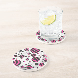 Black and Hot Pink Piloka Dot Zebra Coaster
