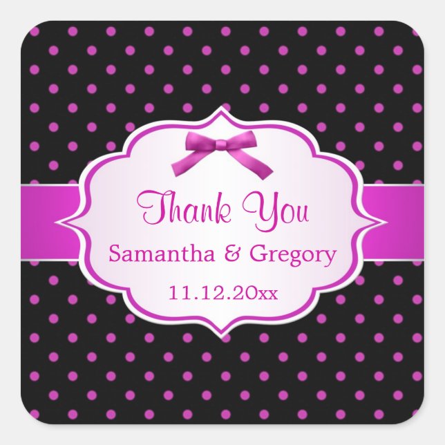 Black and hot pink polka dot Wedding Thank You Square Sticker (Front)