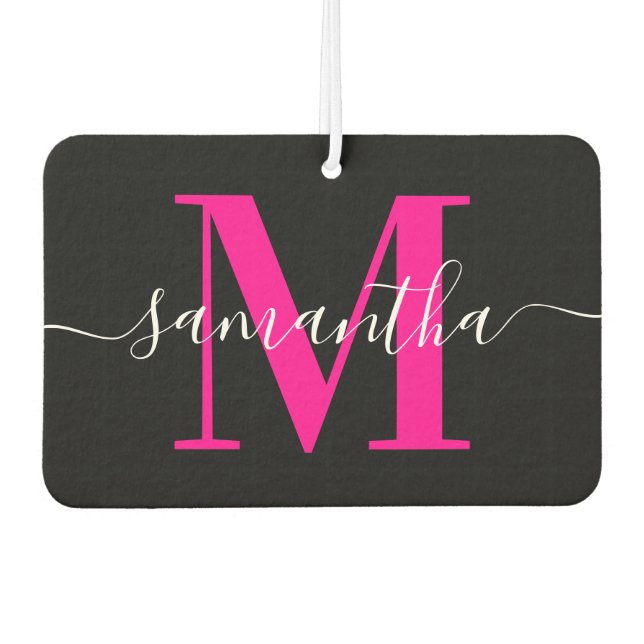 Black and Hot Pink Signature Modern Monogram Photo Car Air Freshener (Front)