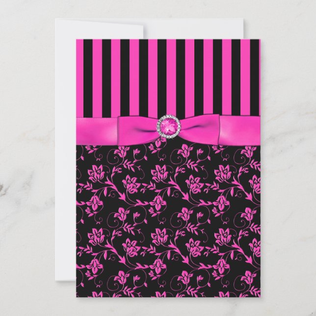 Black and Hot-Pink Striped and Jewelled Invitation (Front)