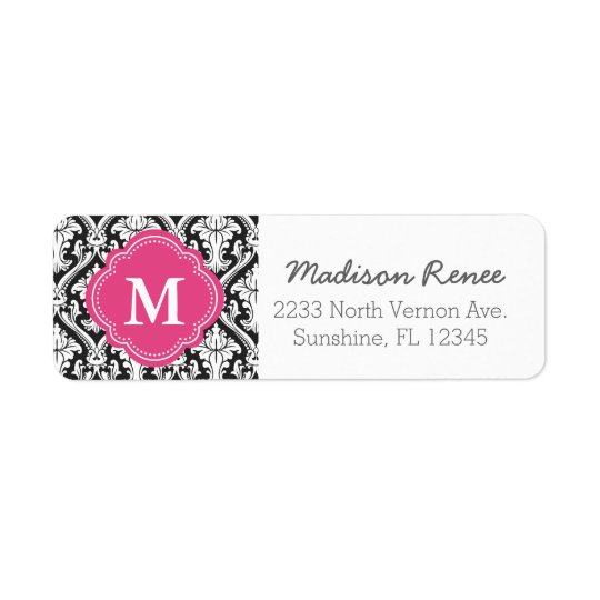 Black and Hot Pink Trendy Damask Custom Monogram Return Address Label