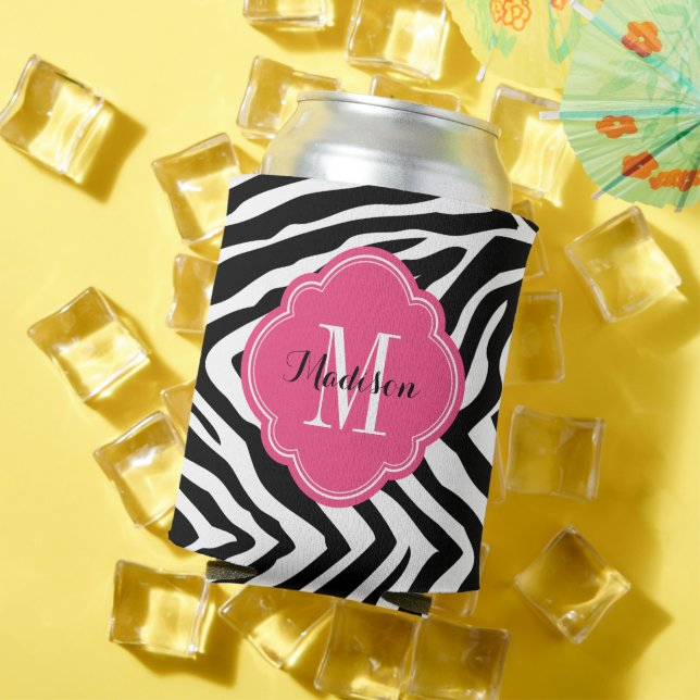 Black and Hot Pink Zebra Print Monogram Can Cooler (In Situ Summer)
