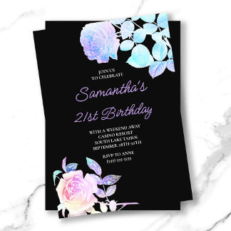 Black and Iridescent Floral 21st Birthday Invitation