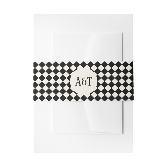 Black and Ivory Chequerboard Monogram Art Deco Invitation Belly Band (Front Example)