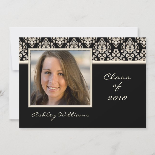 Black and Ivory Damask Graduation Invitations (Front)