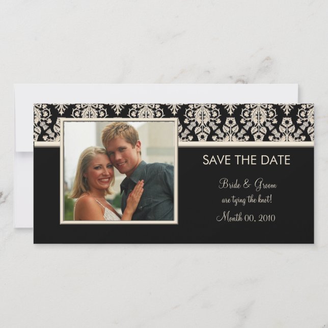 Black and Ivory Damask Save the Date Photo Cards (Front)