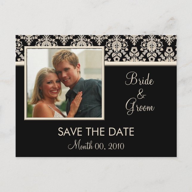 Black and Ivory Damask Save the Date Postcards (Front)