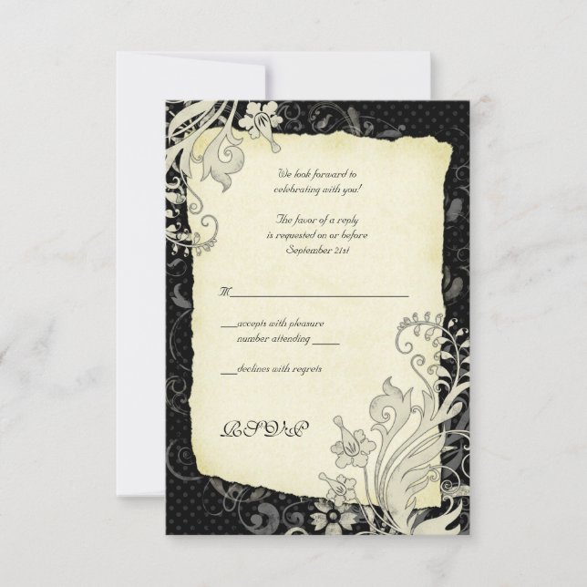 Black and Ivory Floral Wedding Reply Card (Front)