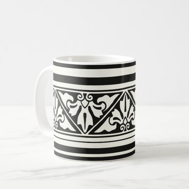 Black and Ivory Gothic Revival Leaf Border Coffee Coffee Mug (Front Left)