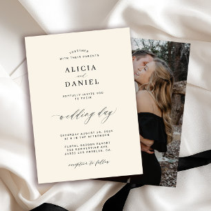 Black and ivory minimalist script photo wedding invitation