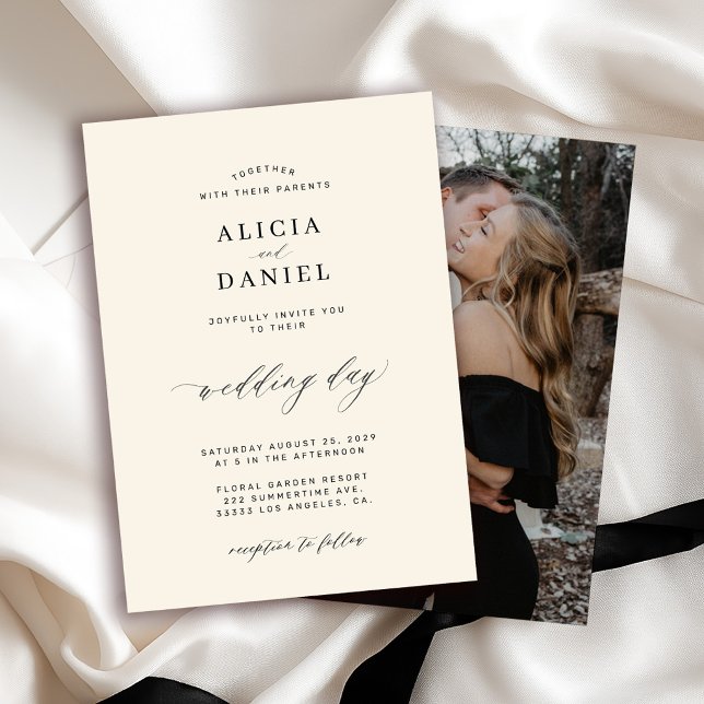 Black and ivory minimalist script photo wedding invitation (Creator Uploaded)