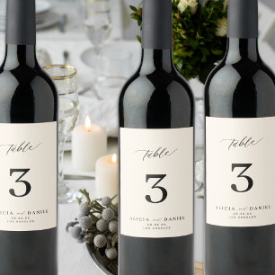 Black and ivory minimalist wedding table number wine label