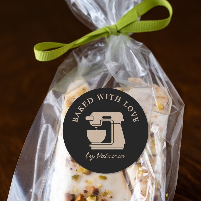 Black And Kraft Beige Custom Baked With Love  Classic Round Sticker (Creator Uploaded)