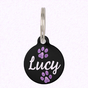 Black and Lavender Pet Paws and Custom Name Lucy Tag