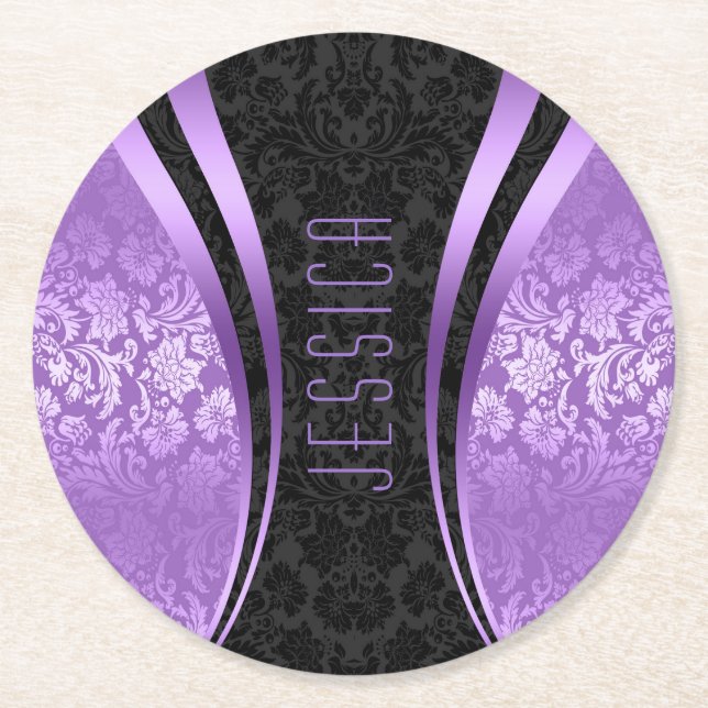 Black And Lavender Purple Tones Floral Damasks Round Paper Coaster (Front)