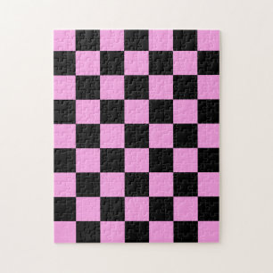 Black and Lavender Rose Chequered Pattern Jigsaw Puzzle