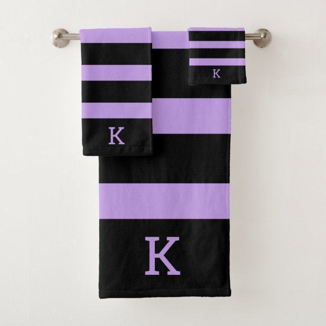 Black and lavender stripes pattern bath towel set (Insitu)