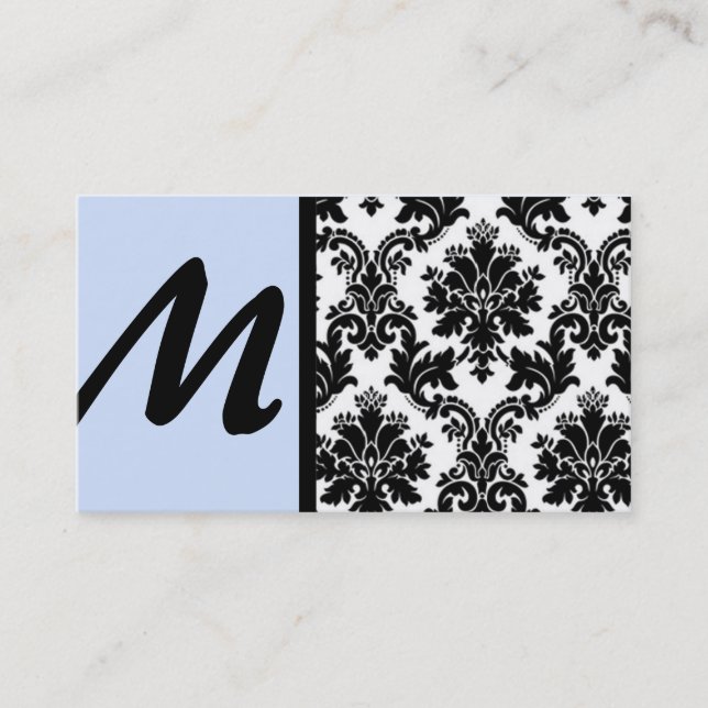 Black and Light Blue Damask Business Cards (Front)