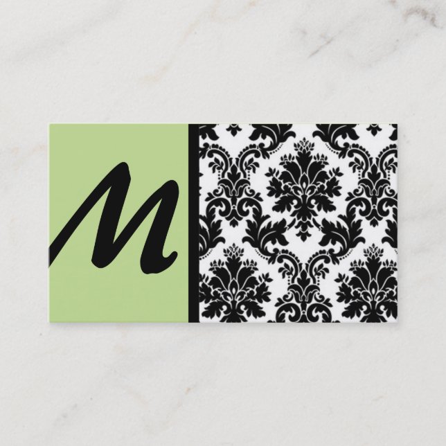 Black and Light Green Damask Business Cards (Front)
