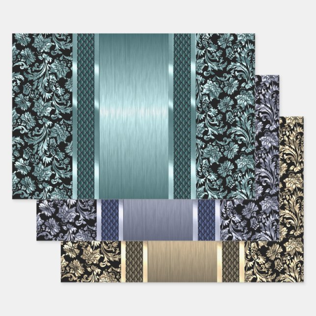 Black and light green, gold, and blue tint damask wrapping paper sheet (Set)