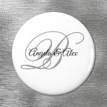 Black and Light Grey Fancy Script Monogram White Magnet<br><div class="desc">Wedding magnets with a minimalist couple's monogram in a fancy calligraphy script in light grey and black on a white background. For shorter names, increase the font size of the bride and groom's names and their initial. Customize the black and silver light grey colors, as well as the modern calligraphy...</div>