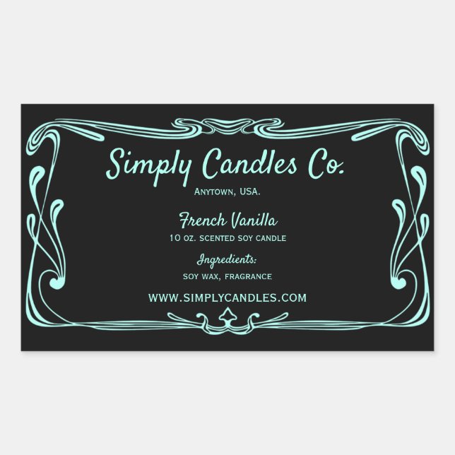 Black and Light Teal Border Candle Jar Label (Front)