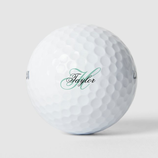 Black and Light Teal Fancy Monogram Golf Balls (Front)
