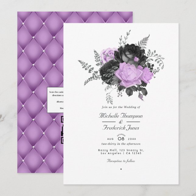 Black and Lilac Vintage Floral Wedding Invitation (Front/Back)
